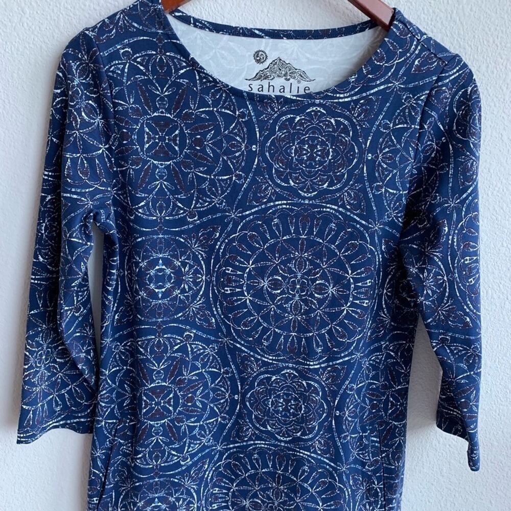 Sahalie Printed Blue Sleeved Dress S - Picture 5 of 6